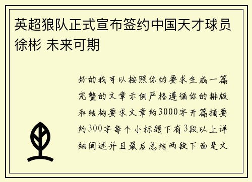 英超狼队正式宣布签约中国天才球员徐彬 未来可期